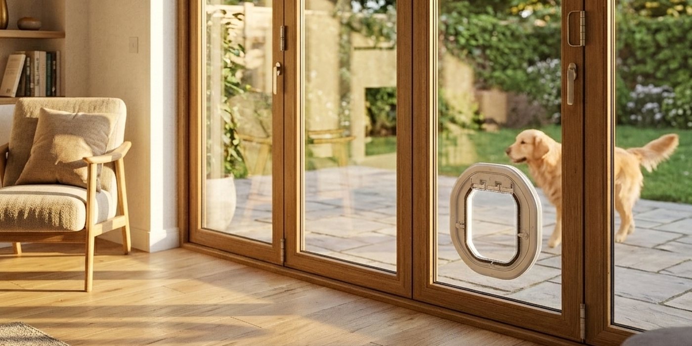 White Dogwalk Intermediate Slim Line dog door in a timber-framed bi-fold glass door, with a dog on the patio outside