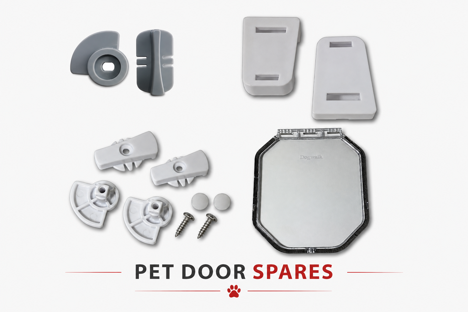 Catwalk and Dogwalk pet door spares — locking dials, security clips and a replacement flap